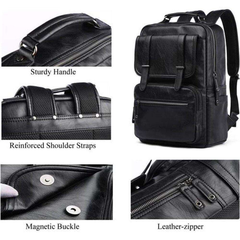 Black Leather Backpack with USB Charging Port - Picture 3 of 7